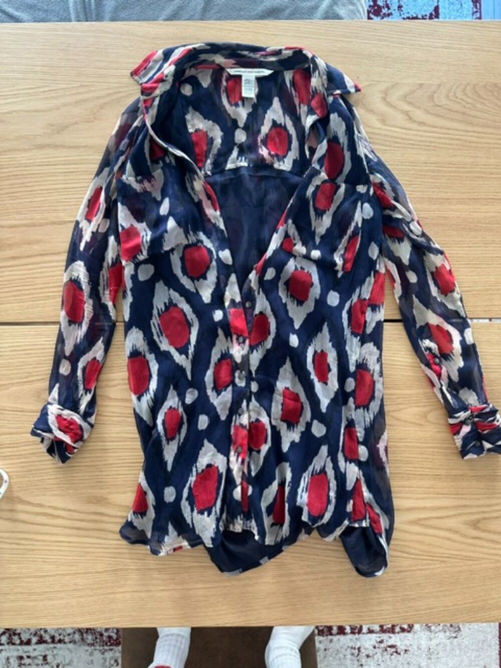 Diane Von Furstenberg Navy Red and Cream Printed Button-Down Shirt